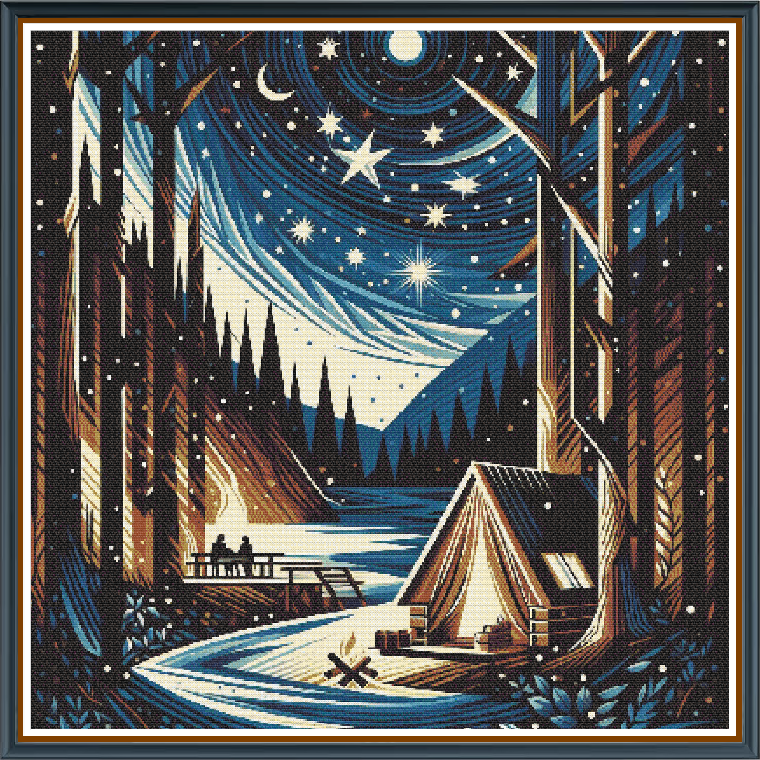 Winter Campfire digital cross stitch pattern. Ignite your winter creativity with "Winter Campfire," a digital cross-stitch pattern capturing a serene night sky and a cozy campsite. Perfect for DIY outdoor decor, winter crafts, and rustic holiday art.