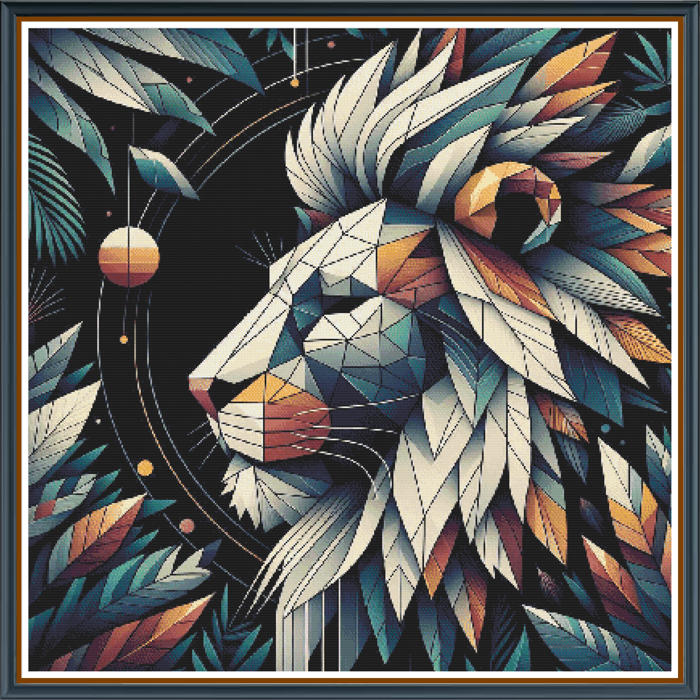 Pensive Lion digital cross stitch pattern. Unleash regal creativity with "Pensive Lion," a digital cross-stitch pattern featuring a mosaic-style lion crafted from intricate leaf-like feathers. Ideal for animal art, DIY crafts, and modern home decor.