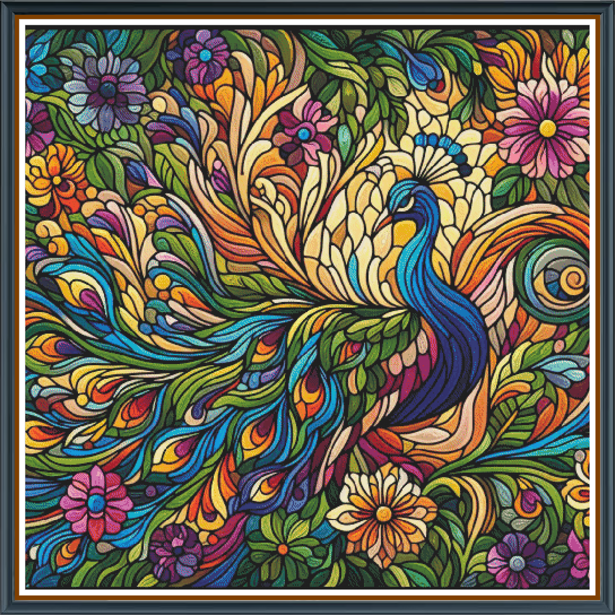 Penelope Peacock digital cross stitch pattern. Celebrate vibrant elegance with "Penelope Peacock," a digital cross-stitch pattern showcasing a super colorful, mosaic-styled peacock reminiscent of stained glass artistry. Perfect for DIY crafts, modern decor, and art enthusiasts.