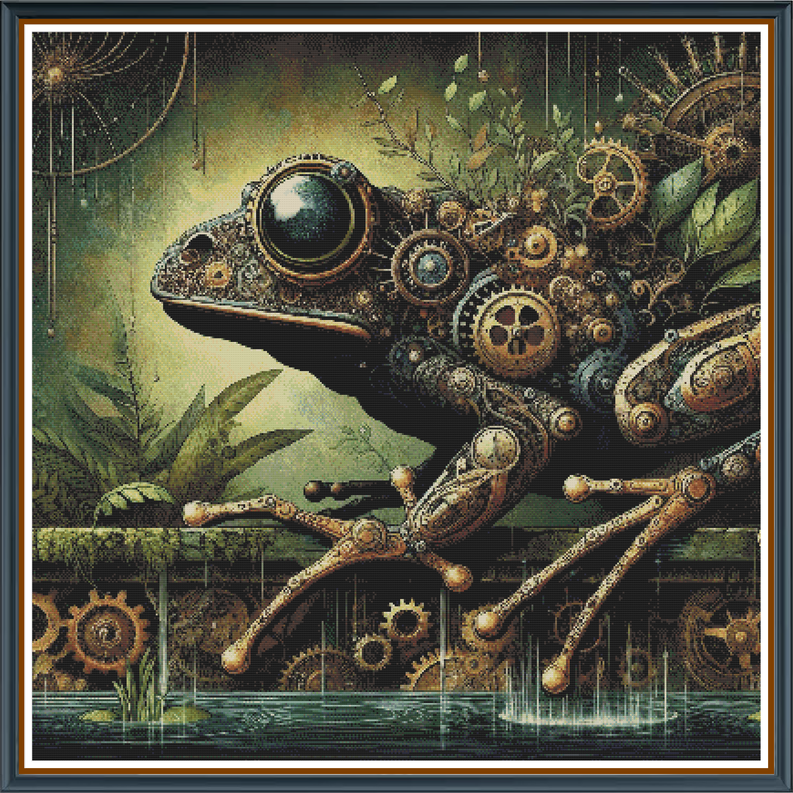 Frederick Frog digital cross stitch pattern. Jump into creative innovation with "Frederick Frog," a digital cross-stitch pattern featuring a striking steampunk-infused frog in a close-up design. Ideal for DIY art projects, animal decor, and modern craft enthusiasts.