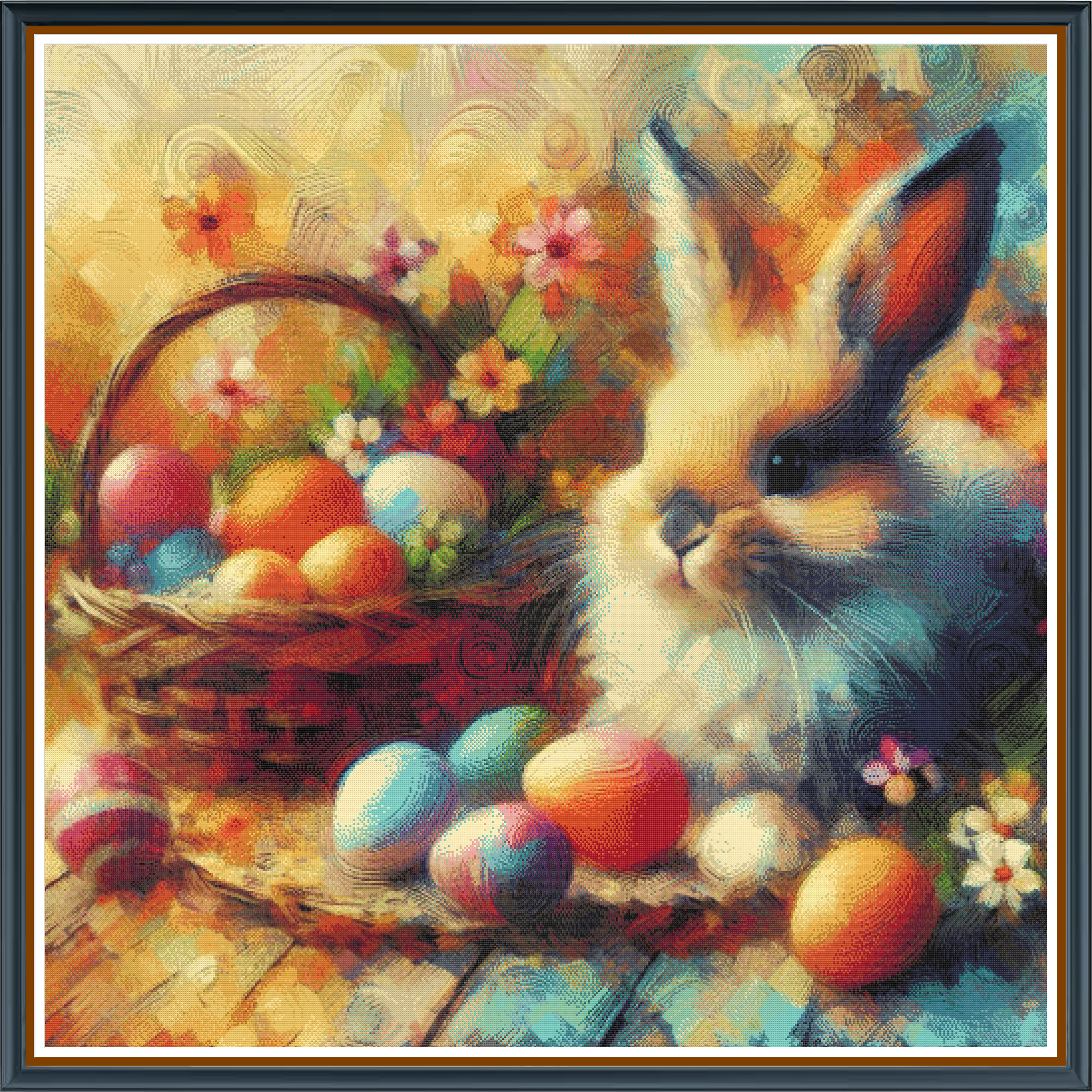 Easter Bunny digital cross stitch pattern. Hop into spring creativity with "Easter Bunny," a digital cross-stitch pattern featuring a vibrant rabbit surrounded by colorful eggs. Perfect for Easter crafts, spring decor, and festive DIY projects.