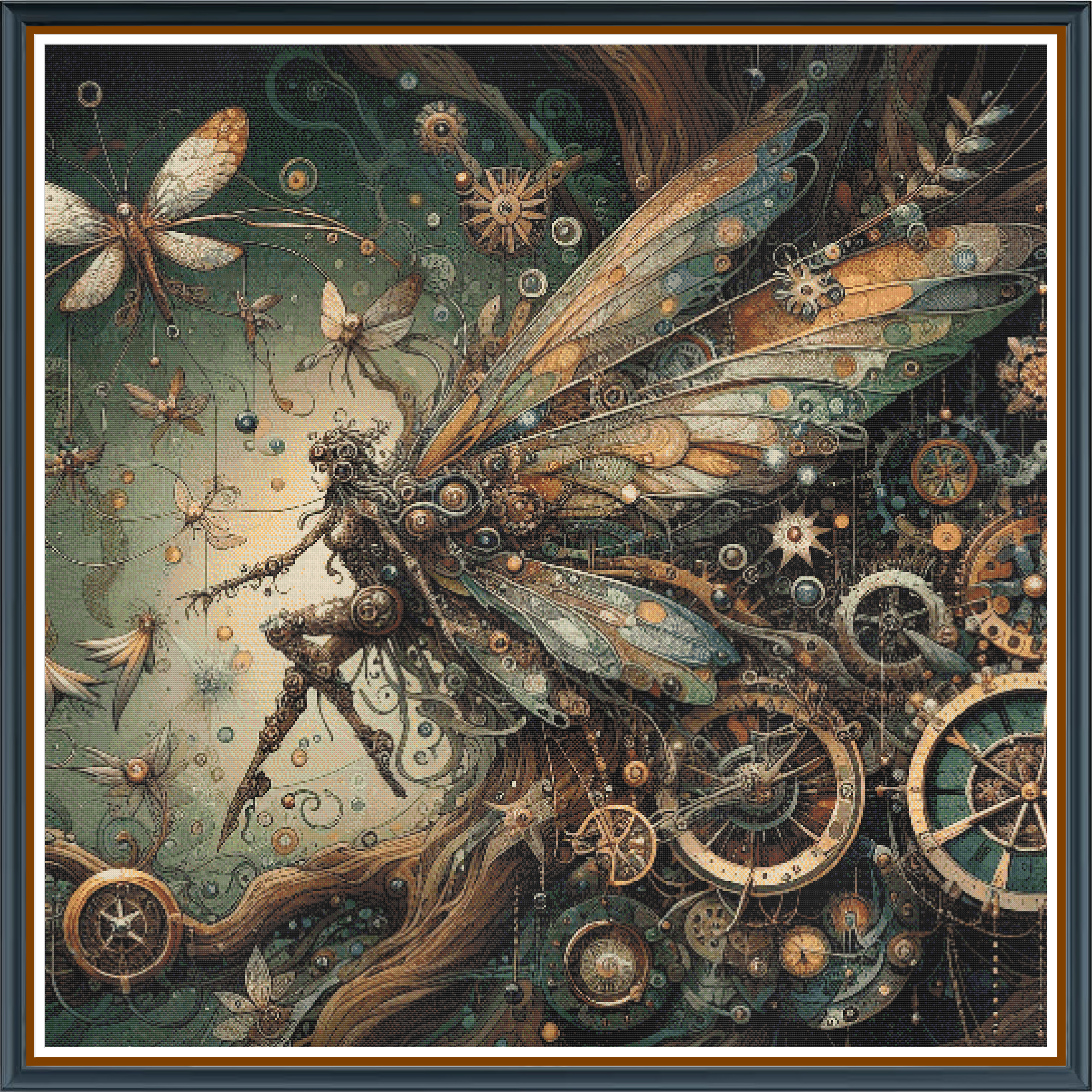 Clockwork Fairy digital cross stitch pattern. Discover magical innovation with "Clockwork Fairy," a digital cross-stitch pattern featuring a steampunk-infused fairy with ethereal background figures on a forest edge. Ideal for DIY crafts, enchanting decor, and whimsical art projects.