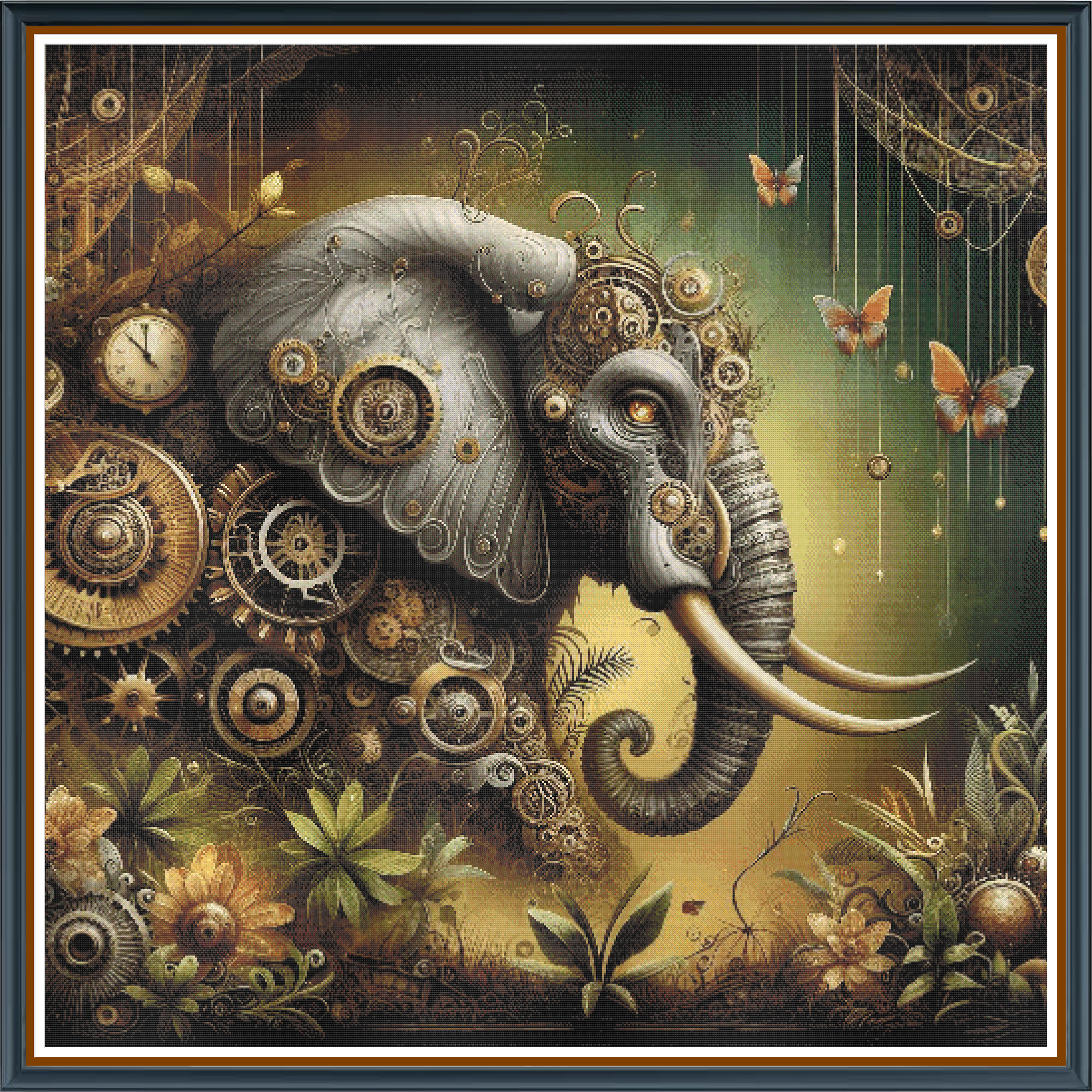 Industrial Elephant digital cross stitch pattern. Merge nature with modern design in "Industrial Elephant," a digital cross-stitch pattern featuring a majestic elephant with an edgy, industrial twist. Perfect for contemporary decor and creative DIY projects.