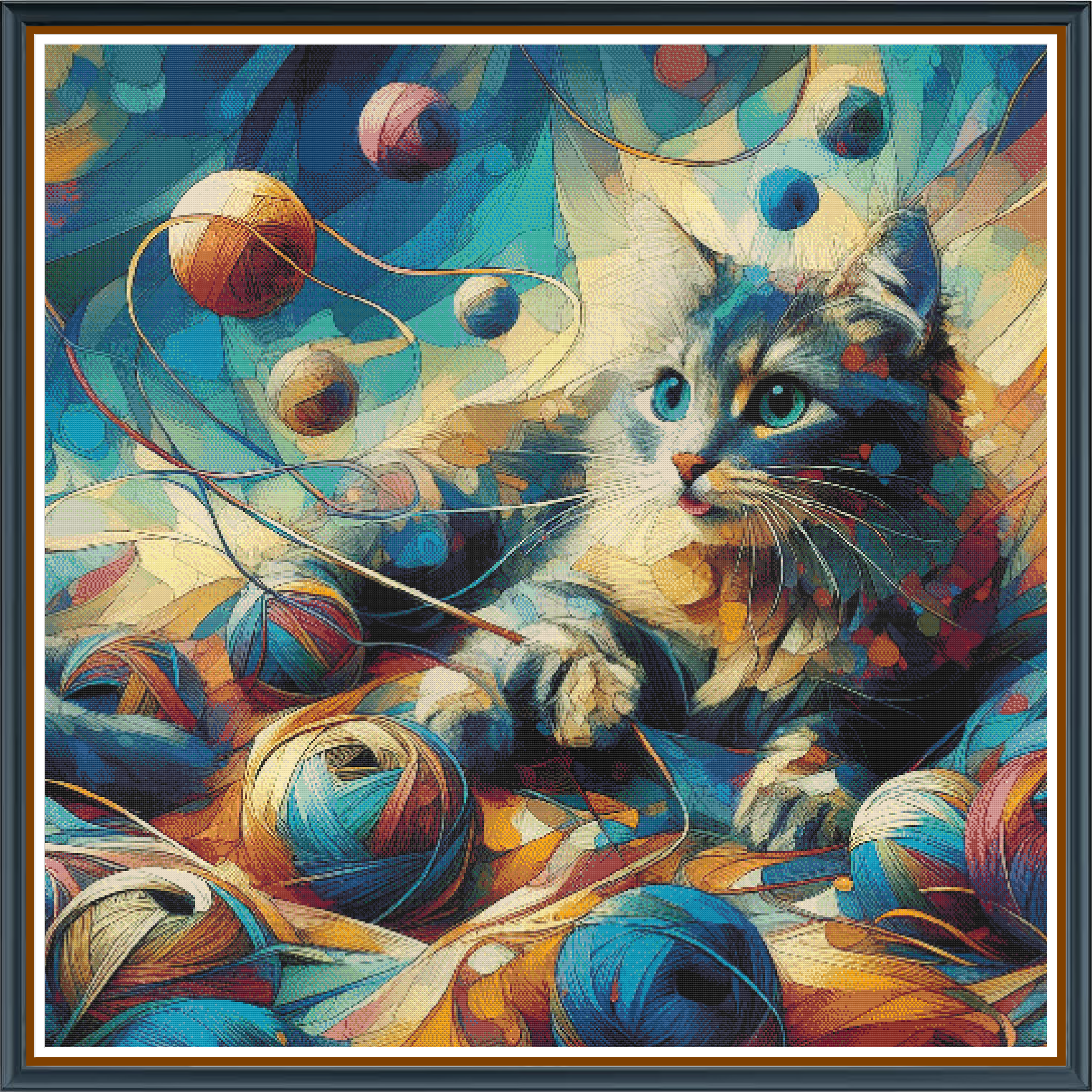 Yarn Kitty digital cross stitch pattern. Immerse yourself in a burst of playful creativity with "Yarn Kitty"—a vibrant digital cross-stitch pattern showcasing a colorful kitty joyfully entangled with multicolored balls of yarn. Ideal for animal lovers and craft enthusiasts seeking an eye-catching design.