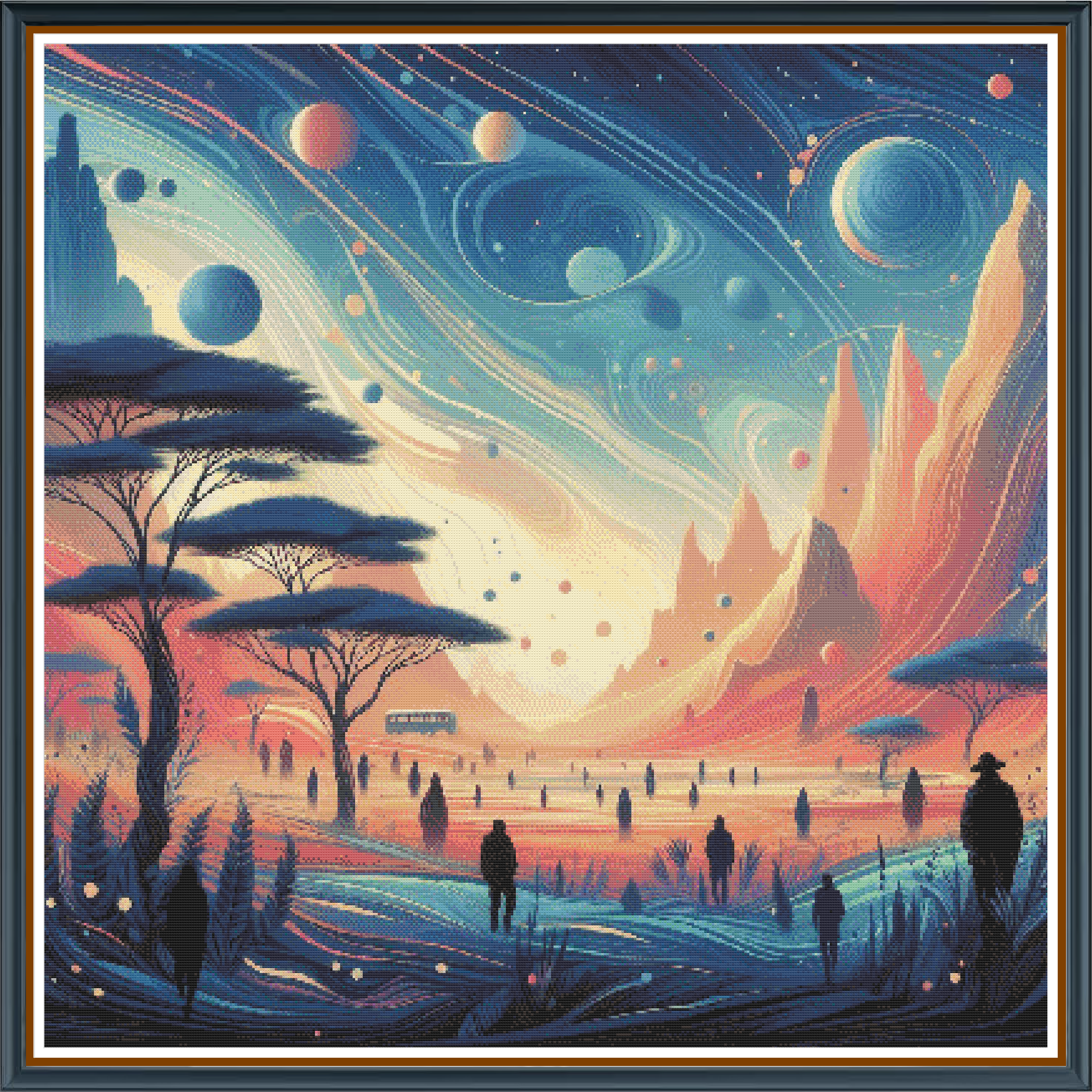 Watcher World digital cross stitch pattern. Venture into the unknown with "Watcher World"—a striking digital cross-stitch pattern that captures an alien, surreal landscape with silhouetted watchers against a dramatic savannah sky. Perfect for creative explorers and fans of otherworldly art.