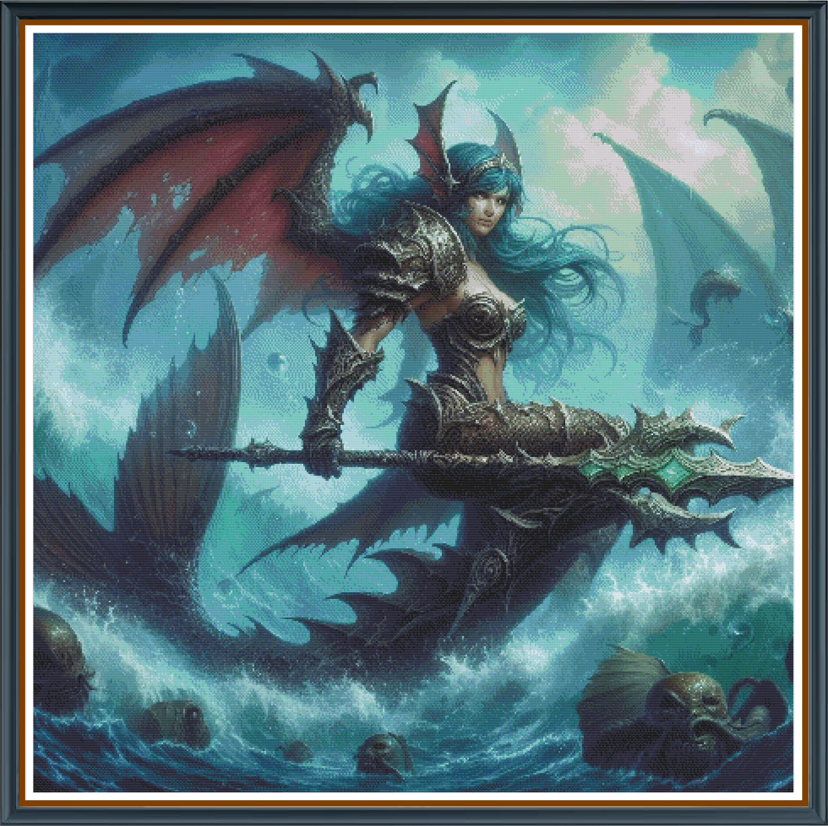 Sea Queen digital cross stitch pattern. Command the tides of creativity with "Sea Queen"—a majestic digital cross-stitch pattern that marries the power of Poseidon with the allure of a mystical mermaid. Perfect for those seeking an enchanting coastal masterpiece.