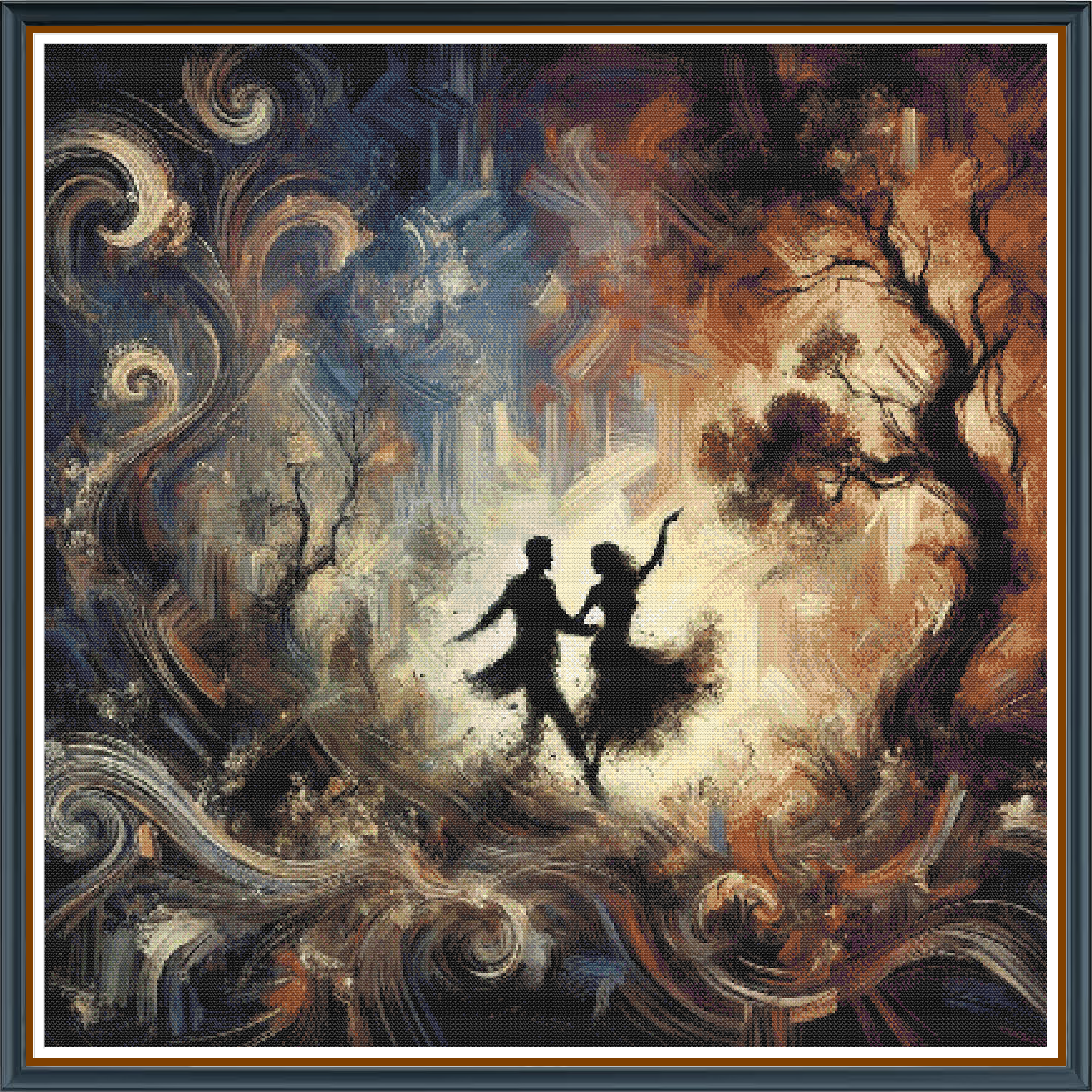 Painted Dancers digital cross stitch pattern. Celebrate the art of movement with "Painted Dancers"—a mesmerizing digital cross-stitch pattern featuring the graceful silhouette of two dancers set against a swirling, abstract forest of vibrant hues. Perfect for art lovers and creative decor enthusiasts.