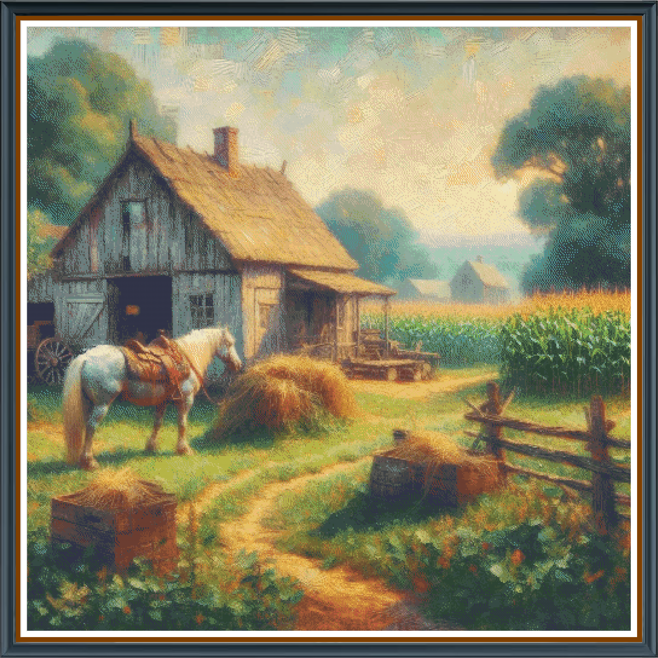 Vintage Farm digital cross stitch pattern. Embrace rustic elegance with "Vintage Farm" – a digital cross-stitch pattern that captures the timeless charm of a sun-drenched countryside. This painterly design features a warm, radiant sky, lush fields in vibrant greens and yellows, and a graceful horse roaming a serene farm scene, perfect for adding a touch of pastoral beauty to your decor and craft projects.