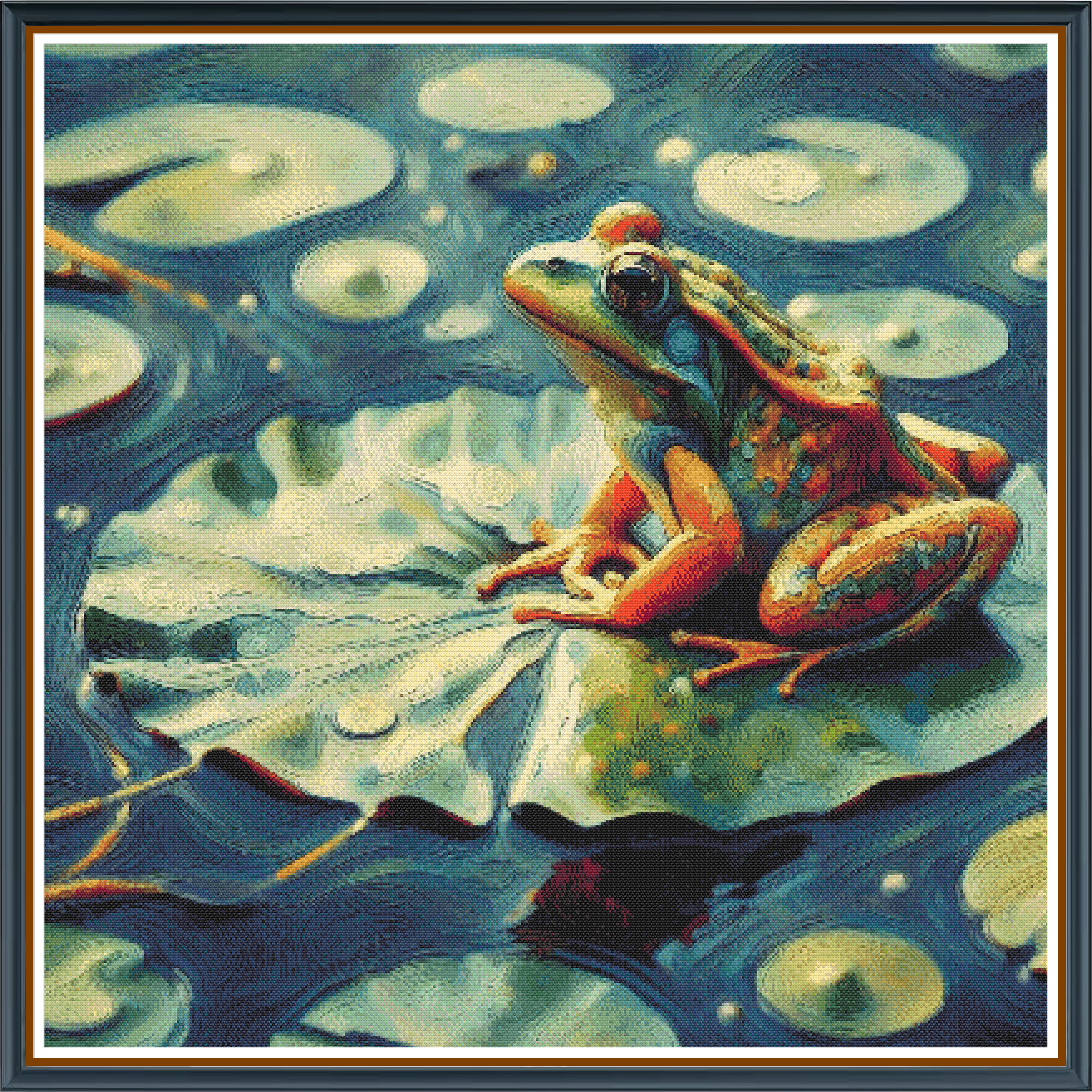 Lilypad Froggie digital cross stitch pattern. Experience playful creativity with "Lilypad Froggie"—a vibrant digital cross-stitch design featuring a colorful frog resting on a serene lilypad in a tranquil pond. Perfect for animal lovers seeking an eye-catching design.
