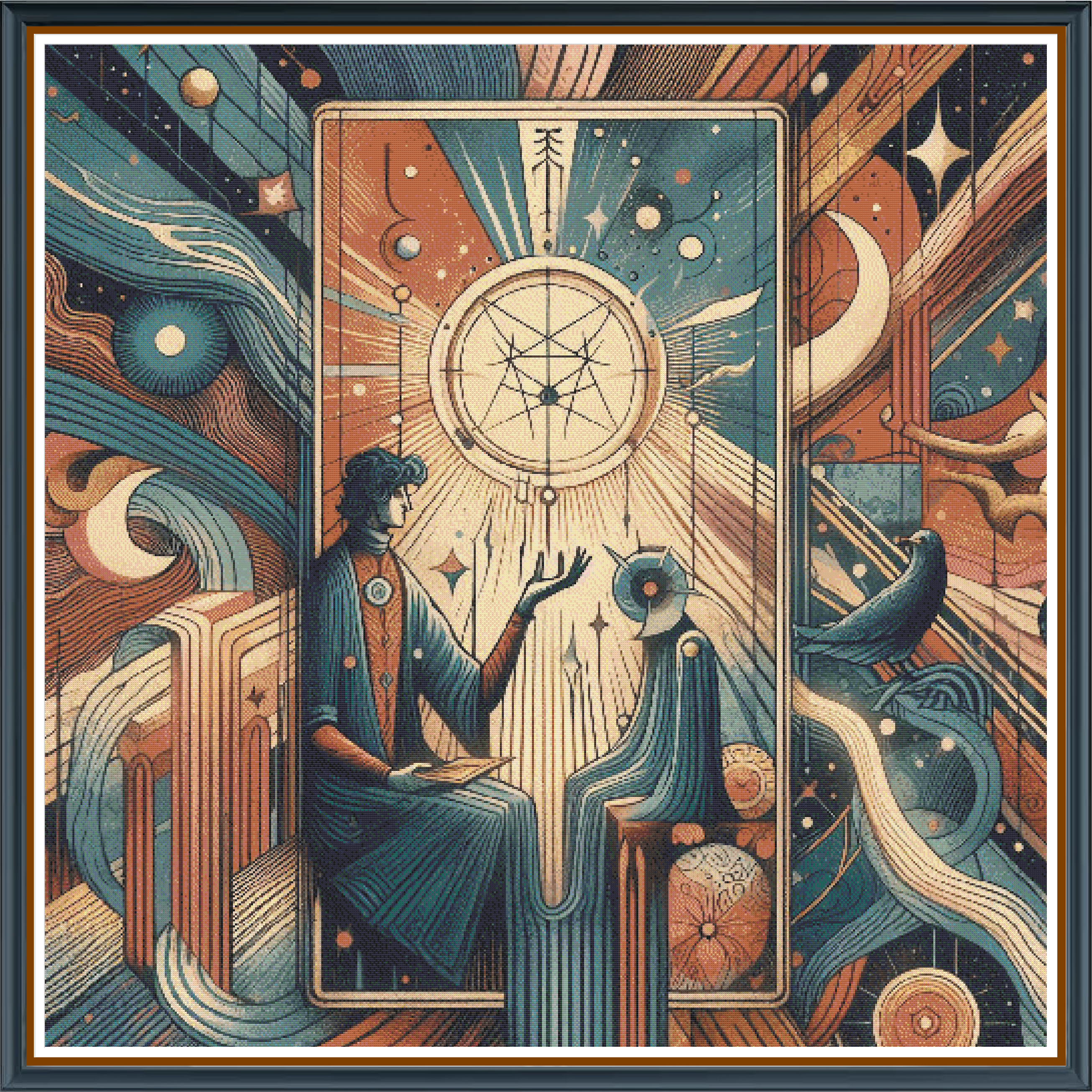 Watcher World digital cross stitch pattern. Venture into the unknown with "Watcher World"—a striking digital cross-stitch pattern that captures an alien, surreal landscape with silhouetted watchers against a dramatic savannah sky. Perfect for creative explorers and fans of otherworldly art.