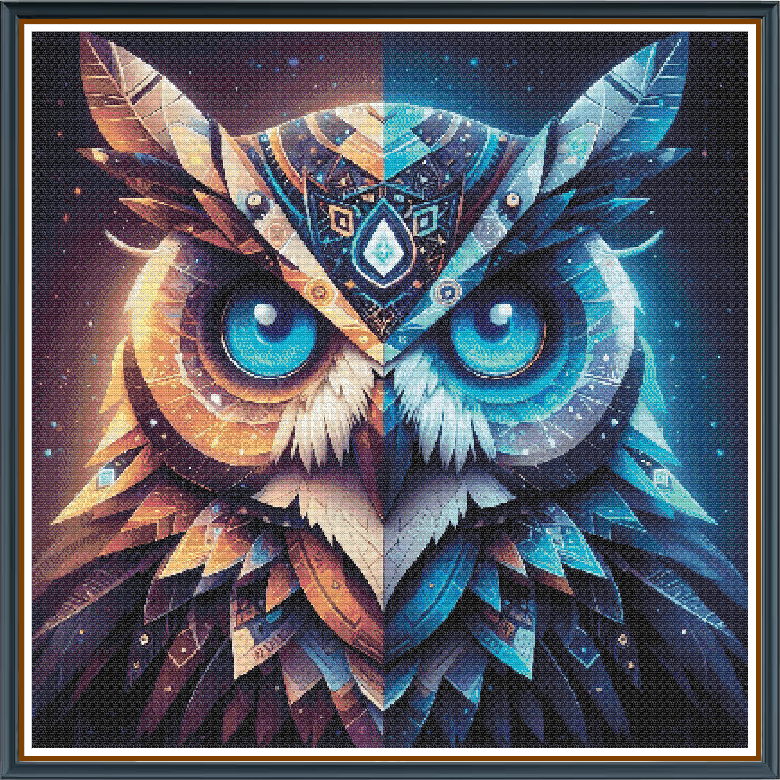 Celestial Owl digital cross stitch pattern. Discover the magic of "Celestial Owl"—a captivating digital cross-stitch pattern that blends mysticism with celestial beauty. Featuring a stunning close-up of an owl with contrasting purple and blue hues, it is perfect for animal lovers and stargazers alike.
