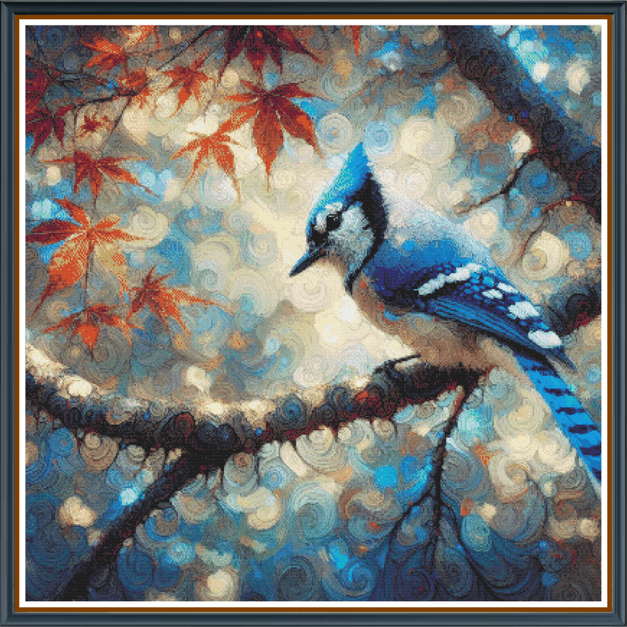 Bluester Jaybird digital cross stitch pattern. Embrace the painterly charm of "Bluester Jaybird," a digital cross-stitch pattern that captures the artistry of a blue jay perched on a branch amid a crisp winter landscape. This design melds cool tones with artistic flair, creating a captivating piece of craft art.