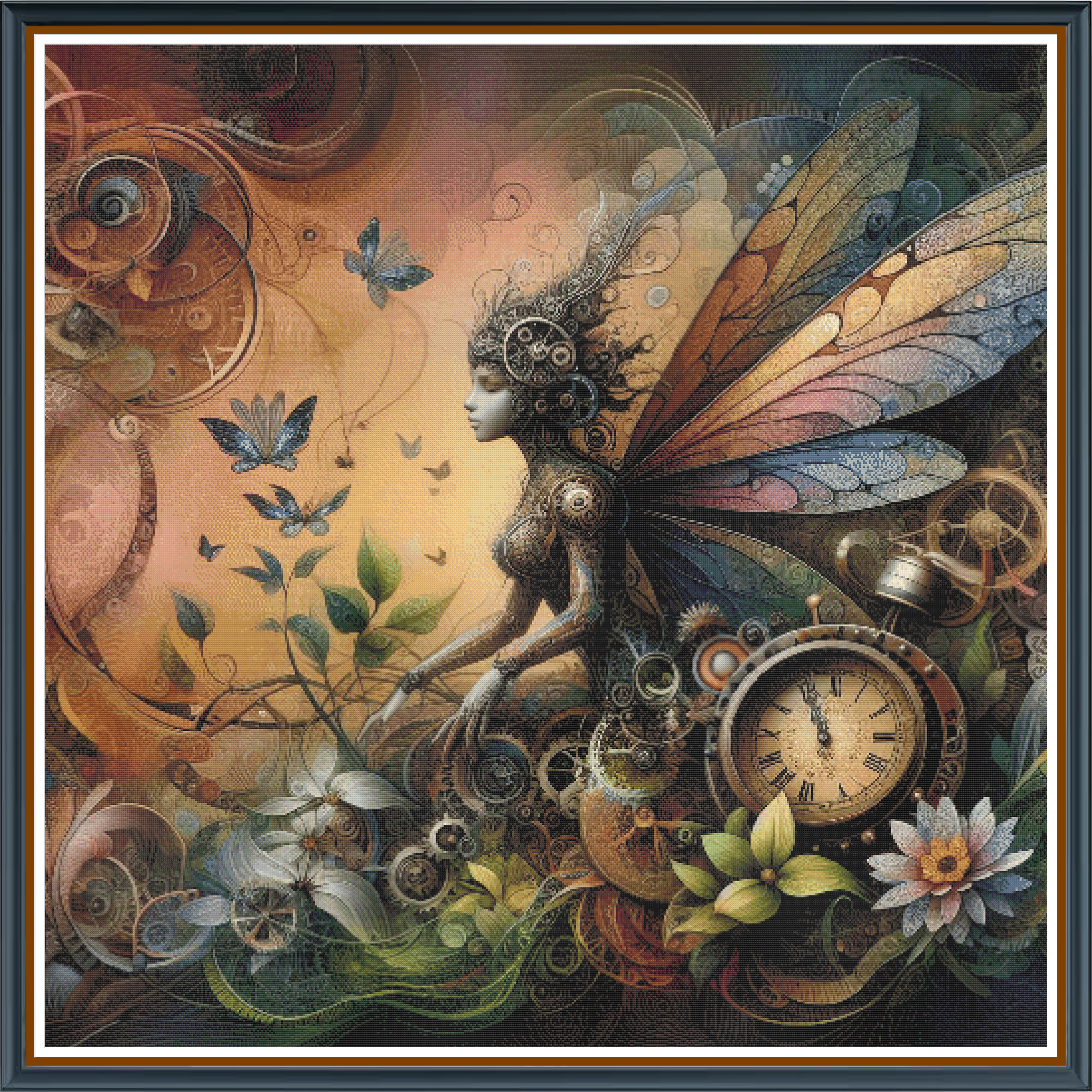Tranquil Fairy digital cross stitch pattern. Immerse yourself in the serene allure of "Tranquil Fairy"—an enchanting digital cross-stitch pattern with a warm, orange-hued steampunk vibe. Featuring a graceful fairy accentuated by subtle gears and a clock motif, this design exudes understated elegance.