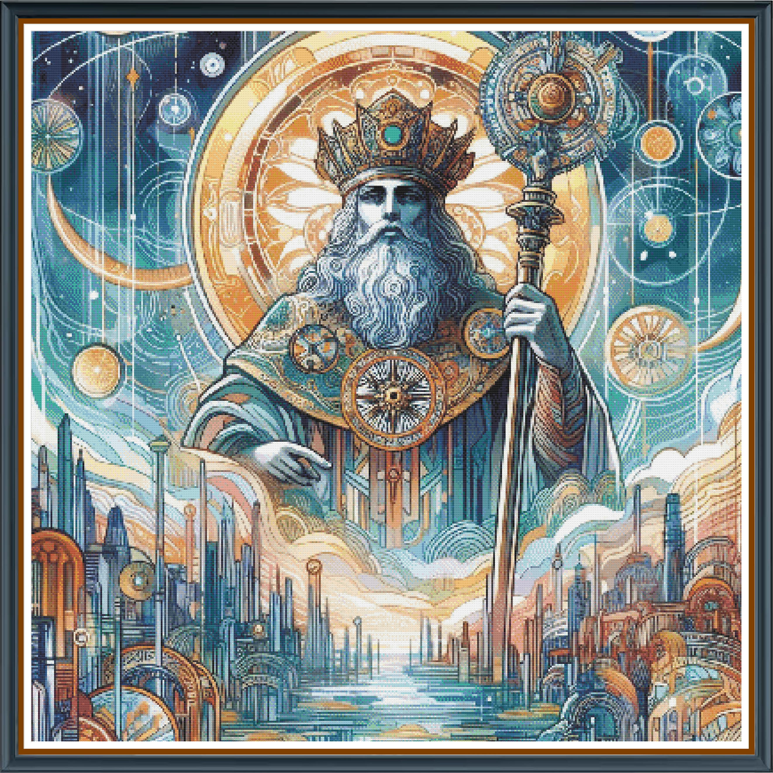 Solar King digital cross stitch pattern. Rule the realm of light with "Solar King"—a striking digital cross-stitch pattern that reimagines a solar monarch. Adorned with regal details including a sun dial staff and a majestic crown, this design is a brilliant fusion of modern artistry and timeless symbolism.