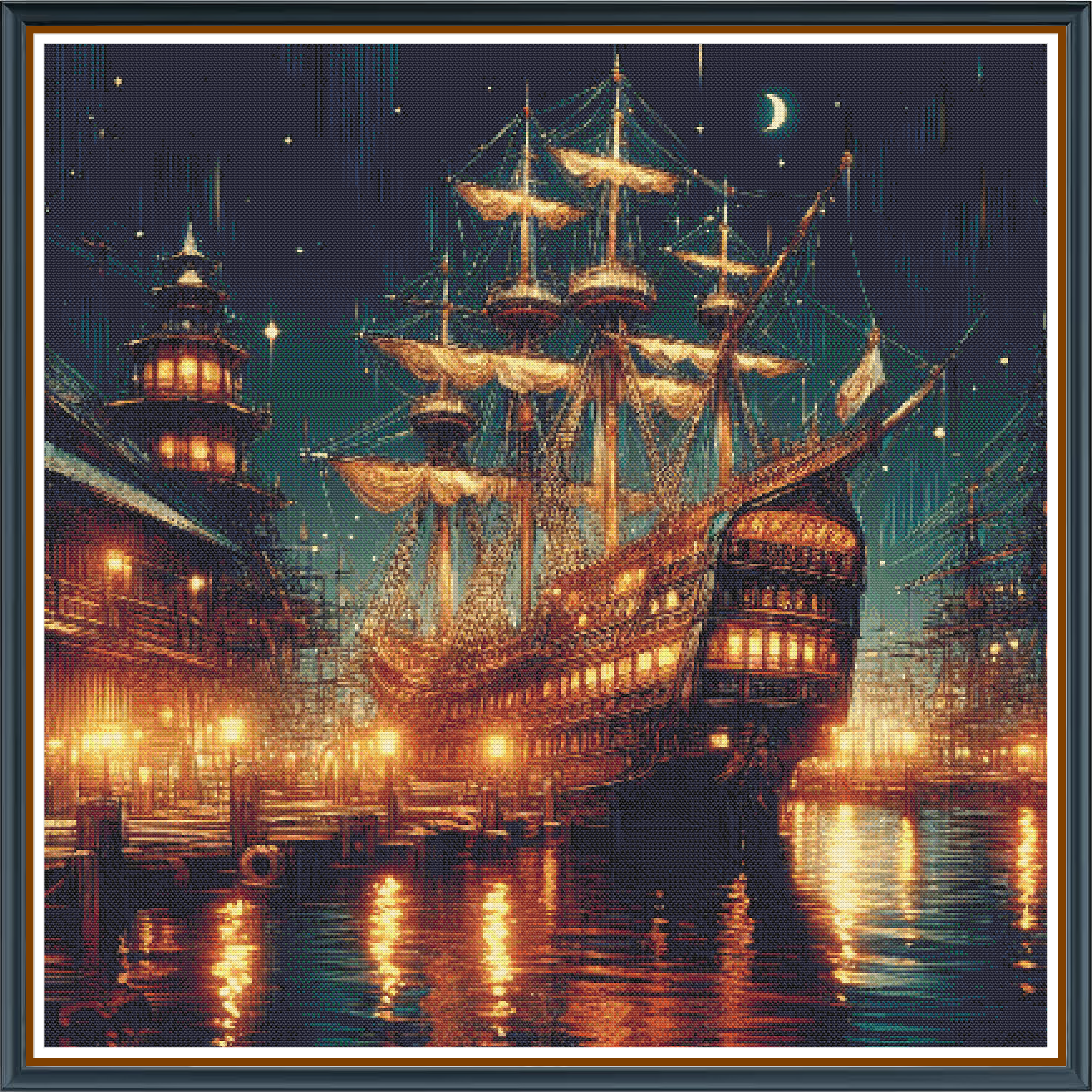 Midnight Pirate Ship digital cross stitch pattern. Set sail into the mystery of the night with "Midnight Pirate Ship"—a digital cross-stitch pattern that captures a shadowy pirate vessel docked in a moonlit harbor. This evocative design combines adventure with the allure of nocturnal seascapes.
