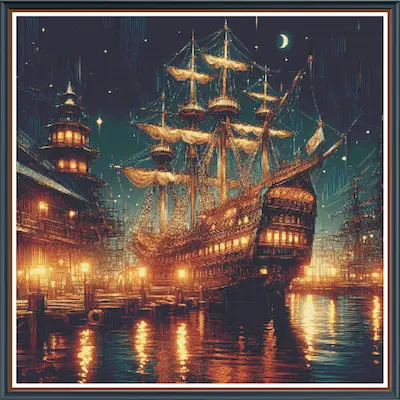 Midnight Pirate Ship cross-stitch pattern preview