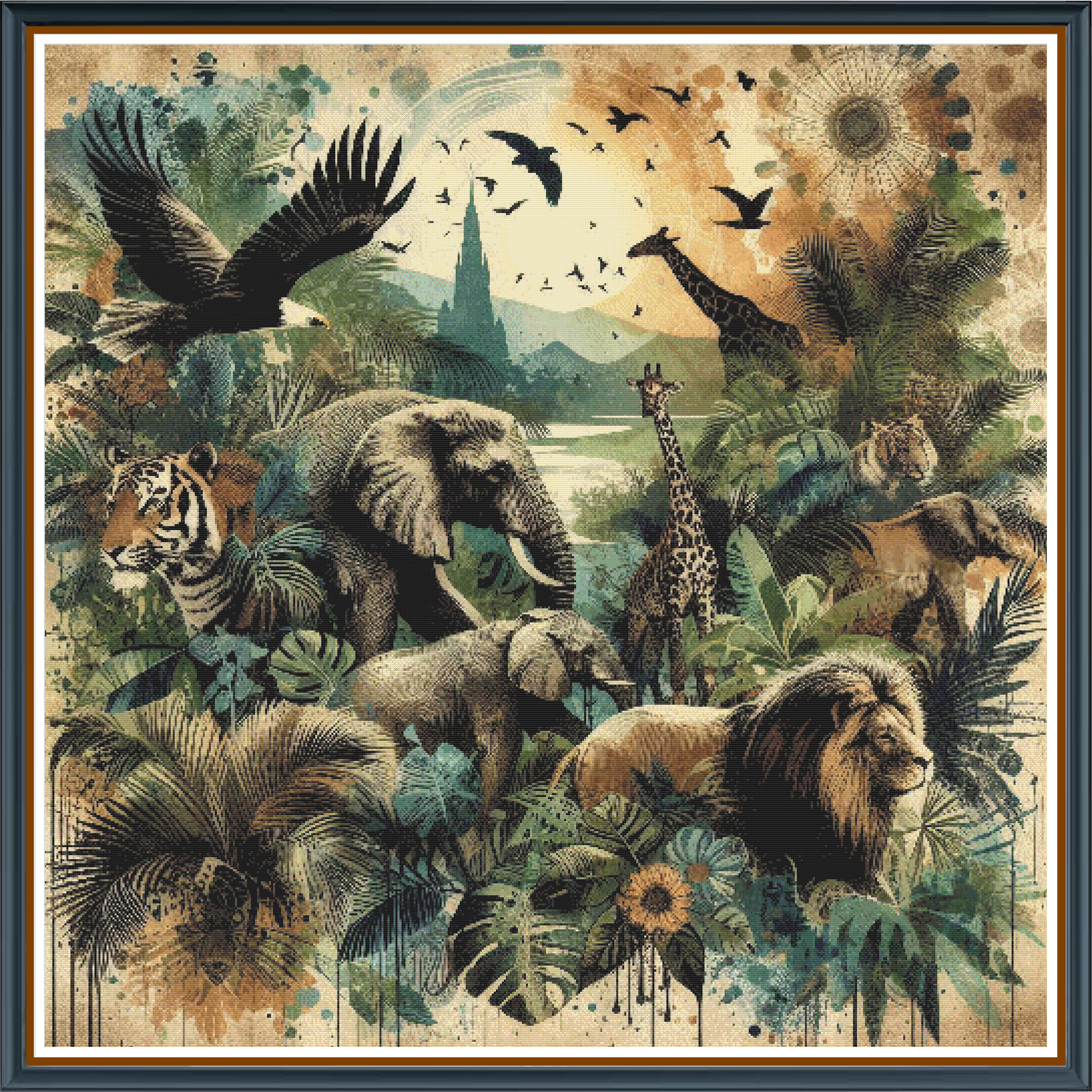 Grungy Jungle digital cross stitch pattern. Embrace the raw, untamed energy of "Grungy Jungle" — a digital cross-stitch pattern that fuses gritty textures with vibrant jungle imagery. This edgy design showcases a dynamic mix of jungle animals amidst lush foliage, perfect for animal enthusiasts and creative crafters seeking a bold, contemporary statement.