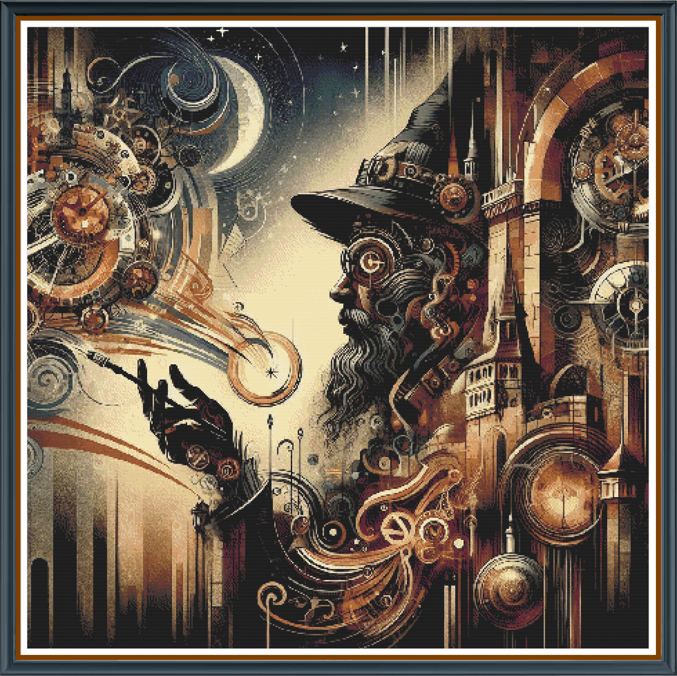Mr. Revolution digital cross stitch pattern. Embrace bold innovation with "Mr. Revolution" — a striking digital cross-stitch pattern that masterfully blends steampunk aesthetics with modern mysticism. Featuring a dashing figure in a pointed hat, this design epitomizes creative rebellion and timeless elegance.