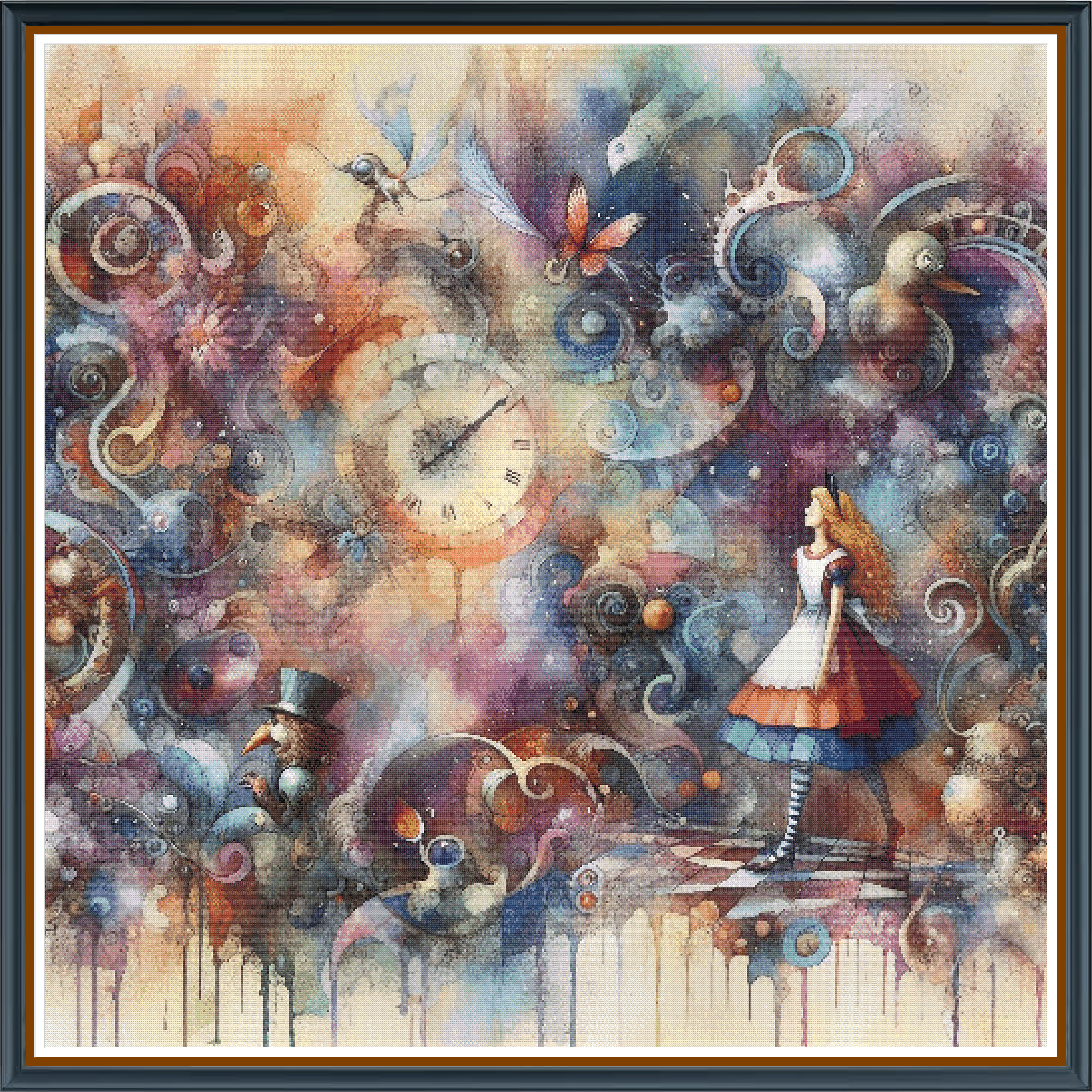 Alice's Land digital cross stitch pattern. Step into a fantastical realm with "Alice's Land" — a digital cross-stitch pattern that transports you to a dreamlike world where a whimsical girl in striped tights explores a surreal landscape. Perfect for lovers of imaginative, location-inspired art.