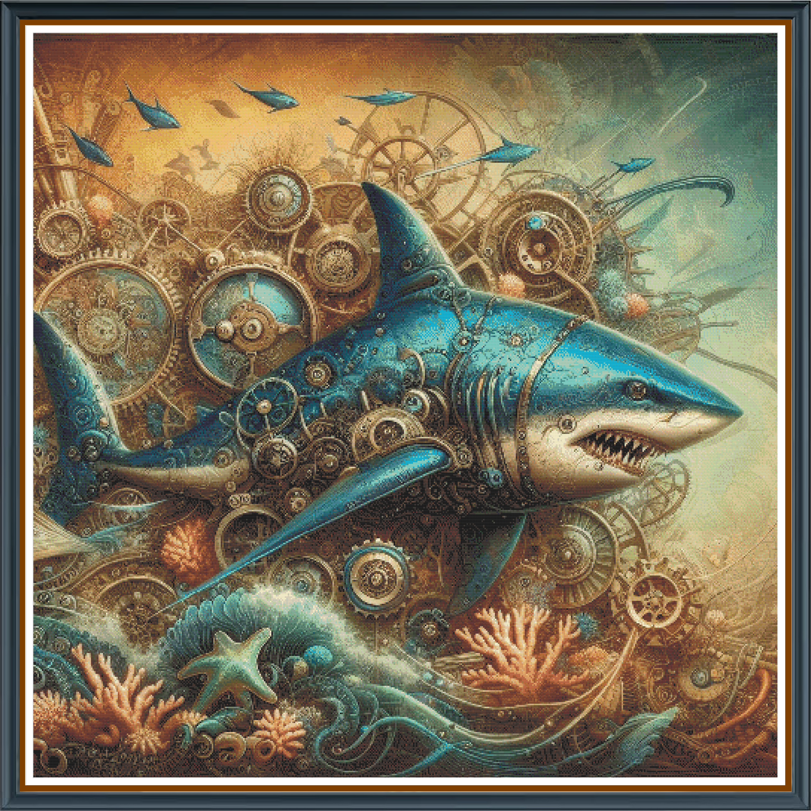 Battle Shark digital cross stitch pattern. Unleash the fury of the deep with "Battle Shark" — a steampunk-inspired digital cross-stitch pattern showcasing a formidable shark rendered in dynamic blues and oranges. Perfect for animal lovers and enthusiasts of bold, industrial designs.