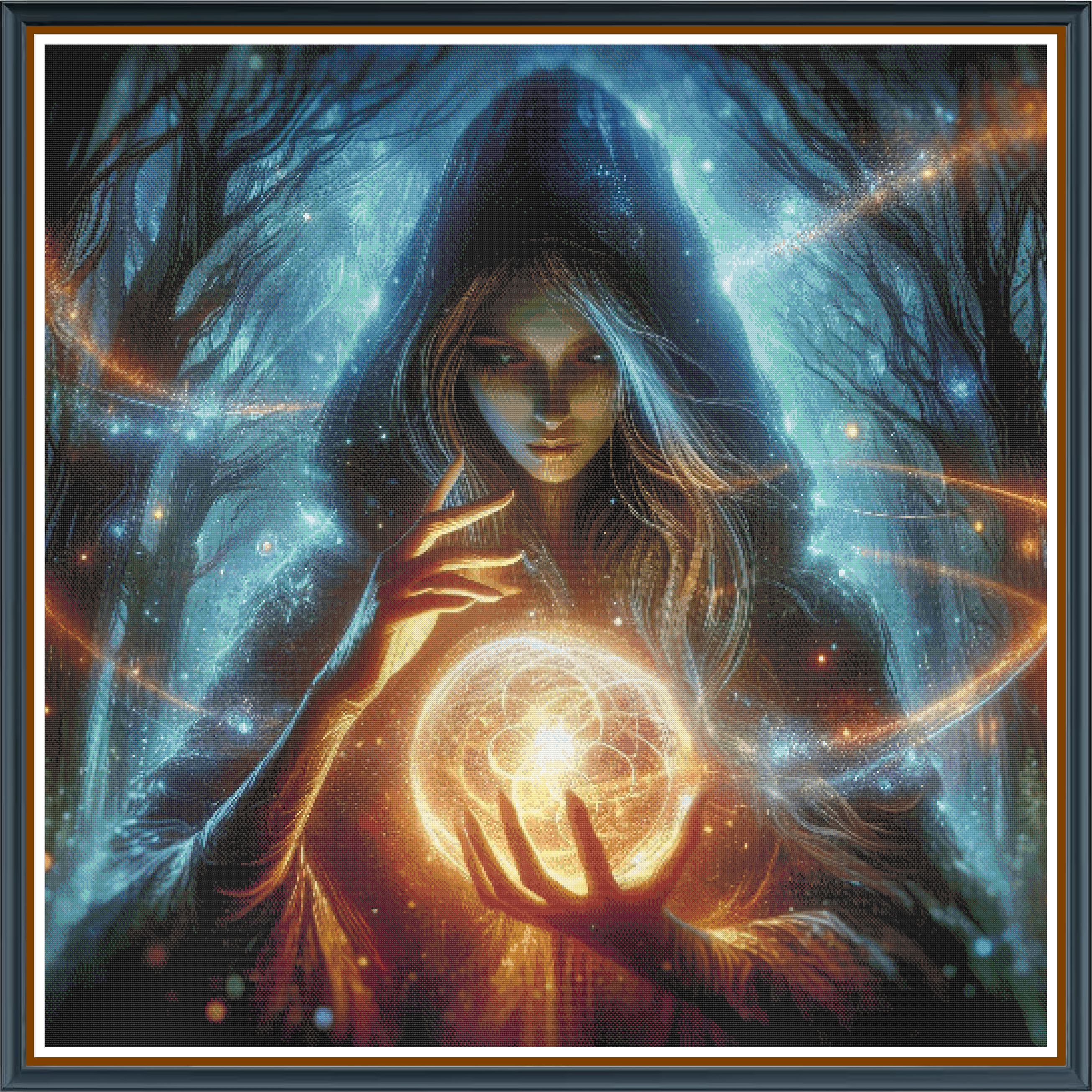Cedonia Highmore digital cross stitch pattern. Dive into mysticism with "Cedonia Highmore" — a mesmerizing digital cross-stitch pattern featuring a hooded mage channeling arcane energy as she crafts a spell. Perfect for fans of enchanting, arcane art.